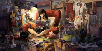 1girl :3 ^_^ absurdly_detailed_composition air_conditioner aircraft airplane armchair art_brush barefoot bed bedroom bendy_straw binder_clip black_hair book book_stack bow box brown_eyes bucket bunk_bed burger cable cactus camera can cardboard_box chain chair closed_eyes clothes clothes_hanger compass controller crossed_ankles cube cup desk desk_lamp dishes doll drawing drink_can drinking_straw dualshock electric_plug extension_cord feathers female_focus figure flower_pot food food_in_mouth french_curve french_fries game_console game_controller gamepad globe hair_between_eyes handheld_game_console hat headphones headphones_around_neck highres holding holding_book hood hood_down hoodie indian_style indoors ink inkwell kirisame_marisa ladder lamp light_bulb light_rays loaded_interior long_hair long_image long_sleeves marker messy_room microsoft mimikaki monitor mouth_hold multitasking neko_(yanshoujie) open_book original paint paint_palette paintbrush painting_(action) paper paper_stack pen pencil pepsi picture_frame pillow plant plate playstation_controller playstation_vita pocky potted_plant power_strip product_placement protractor purple_skirt reading ruler scarf scissors shelf shirt sitting skirt smile soda_can solo sony speaker strap striped_clothes striped_shirt table tape telescope tissue tissue_box touhou toy_airplane tripod unworn_scarf unworn_shirt used_tissue video_game wide_image wrapper xbox_(original) xbox_360