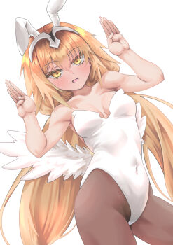 1girl angel_wings animal_ears bare_shoulders blonde_hair blush breasts brown_pantyhose covered_navel fake_animal_ears fate/grand_order fate_(series) feathered_wings headpiece highleg highleg_leotard highres jeanne_d&#039;arc_(fate) leotard long_hair looking_at_viewer metatron_jeanne_(fate) ootsuka_rei open_mouth pantyhose playboy_bunny rabbit_ears small_breasts smile solo twintails white_leotard wings yellow_eyes