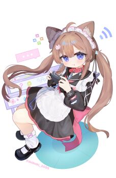 Rule 34 | 1girl, :p, ahoge, animal collar, animal ear fluff, animal ears, apron, belt collar, black dress, black sailor collar, black shoes, brown hair, closed mouth, collar, commentary, controller, dog ears, dog girl, dress, game controller, highres, hikarun (vrchat), holding, holding controller, holding game controller, leash, long hair, long sleeves, looking at viewer, loose socks, maid headdress, puffy short sleeves, puffy sleeves, red collar, sailor collar, shishiodoshi, shoes, short dress, short sleeves, smile, socks, solo, tongue, tongue out, twintails, untranslatable commentary, vrchat, white apron, white socks