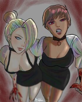 2girls absurdres blonde_hair blue_eyes brown_hair dark-skinned_female dark_skin dress female_focus hair_bun helsic highres long_hair looking_at_viewer mature_(kof) multiple_girls pale_skin red_eyes short_hair skirt tan the_king_of_fighters thick_thighs thighs vice_(kof) wide_hips