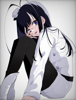 1boy absurdres androgynous antenna_hair arm_support black_hair bleach bleach:_sennen_kessen-hen blue_eyes blunt_bangs boots commentary_request eyelashes feet_out_of_frame from_side giselle_gewelle grey_background hair_spread_out hand_on_own_cheek hand_on_own_face hat highres jacket knees_up leaning_forward long_hair long_sleeves looking_at_viewer male_focus mini_hat miniskirt notsaba quincy_(bleach) sidelocks simple_background sitting skirt solo sternritter straight_hair tongue tongue_out trap wandenreich_uniform white_boots white_hat white_jacket white_skirt
