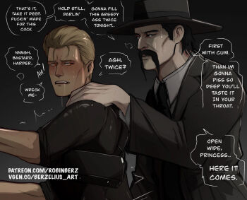 Rule 34 | 2boys, albert wesker, black hair, black jacket, black necktie, black shirt, black vest, blonde hair, collared shirt, crossover, dead by daylight, drooling, facial hair, from side, genre connection, hair slicked back, hand on another's shoulder, hat, highres, jacket, male focus, multiple boys, muscular, muscular male, mustache, necktie, out-of-frame censoring, resident evil, robinberz, shirt, short hair, the deathslinger (dead by daylight), upper body, vest, white shirt, yaoi
