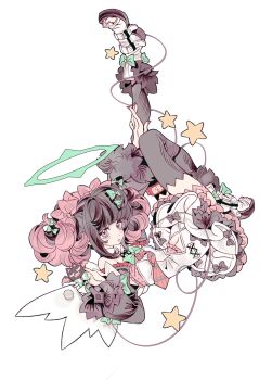 1girl bare_shoulders black_hair black_sleeves black_thighhighs bow bowtie breasts checkered_necktie closed_mouth clothing_cutout colored_inner_hair commentary detached_sleeves dress english_commentary frilled_dress frills fur-trimmed_sleeves fur_trim green_bow green_bowtie green_halo hair_bow halo highres looking_at_viewer multicolored_hair multiple_hair_bows nail_polish nangong_yu navel navel_cutout necktie open-toe_shoes pink_bow red_eyes red_nails red_necktie shoes short_twintails small_breasts solo star_(symbol) thighhighs toenail_polish toenails twintails upside-down white_dress white_shoes white_wings wings xjgfhvg zenless_zone_zero