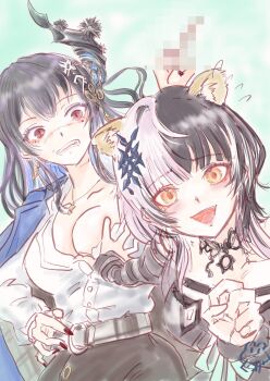 2girls accident alternate_costume animal_ears asymmetrical_horns black_hair black_skirt blue_hair blush breasts censored choker cleavage colored_inner_hair demon_horns grabbing_another&#039;s_breast grey_hair groping hair_ornament hashtag-only_commentary highres hololive hololive_english horns large_breasts long_hair looking_at_viewer middle_finger mole mole_under_eye molekingy mosaic_censoring multicolored_hair multiple_girls nerissa_ravencroft nerissa_ravencroft_(casual) office_lady official_alternate_costume open_mouth red_eyes shiori_novella shiori_novella_(1st_costume) shirt sketch skirt split-color_hair two-tone_hair virtual_youtuber white_shirt yellow_eyes