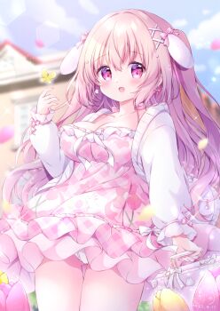 1girl :d animal_ears animal_print blurry blurry_background blush breasts briefcase bug butterfly cameltoe chiika_(cure_cherish) cleavage collarbone detached_sleeves dress floral_print flower frilled_panties frills gluteal_fold hair_between_eyes hair_ribbon holding holding_briefcase house insect light_blush long_hair looking_at_viewer medium_breasts open_mouth original panties pantyshot pink_dress pink_eyes pink_hair pink_ribbon rabbit_ears rabbit_print ribbon smile solo spaghetti_strap thighs two_side_up underwear white_panties white_ribbon