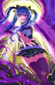 1girl absurdres amemiya_darumi black_bow black_hair black_skirt blue_hair bow choker commentary_request eldritch_abomination facial_mark from_below hair_bow halo heart heart_facial_mark highres light_particles light_rays long_hair looking_at_viewer makeup miniskirt multicolored_hair outstretched_arm outstretched_hand pink_theme reaching reaching_towards_viewer red_choker roots_(hair) runny_makeup safety_pin shirt skirt smile solo striped_clothes striped_shirt the_hundred_line_-last_defense_academy- twintails user_svaw2754