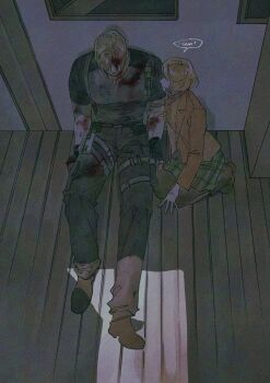 1boy 1girl ashley_graham blonde_hair blood blood_on_arm blood_on_clothes blood_on_face boots character_name from_above full_body green_skirt grey_shirt hair_over_eyes highres holster jacket kneeling leon_s._kennedy nul orange_jacket orange_sweater plaid_clothes plaid_skirt resident_evil resident_evil_4 resident_evil_4_(remake) shirt short_hair sitting skirt sweater thigh_holster wooden_floor