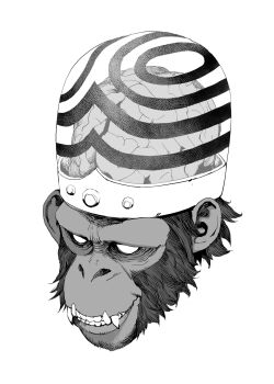 1boy body_fur brain brain_capsule capsule_helmet cropped_head greyscale helmet highres manabu_yashiro mojo_jojo monkey monkey_boy monochrome no_pupils powerpuff_girls sharp_teeth solo striped_brain_capsule teeth transparent_brain_capsule