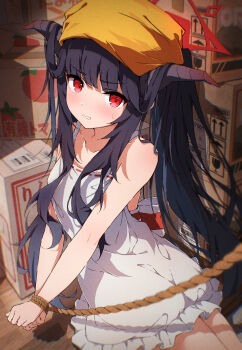 1girl absurdres bare_arms bare_shoulders blue_archive blush bound bound_wrists commentary demon_horns dress fuuka_(blue_archive) halo hat highres horns looking_at_viewer moru_(moru20000) parted_lips red_eyes red_halo solo sweatdrop twintails white_dress yellow_hat