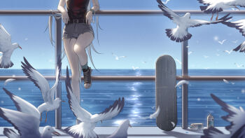 1girl against_railing arm_rest belt belt_buckle bird black_belt black_shoes black_tank_top blonde_hair blue_sky blue_socks bracelet buckle cartonbox_(zhixiang_zhi) clear_sky commentary_request cutoffs day falling_feathers feathers grey_shorts head_out_of_frame highres horizon jewelry long_hair ocean original outdoors railing seagull shoes short_shorts shorts skateboard sky sneakers socks solo spray_can standing standing_on_one_leg tank_top too_many too_many_birds uneven_footing very_long_hair
