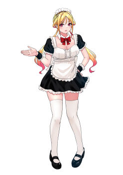 1girl absurdres alternate_costume apron black_dress black_shoes black_wrist_cuffs blonde_hair bow bowtie breasts cleavage closed_mouth detached_collar dress enmaided frilled_wrist_cuffs frills full_body gradient_hair hand_on_own_hip hashtag-only_commentary highres kusunoki_aroma long_hair looking_at_viewer maid maid_apron mary_janes medium_breasts multicolored_hair pink_eyes pink_hair red_bow red_bowtie sawaranaide_kotesashi-kun shinjou_takuya shoes short_dress short_sleeves simple_background solo standing tachi-e thighhighs twintails twintails_day white_apron white_background white_thighhighs wrist_cuffs
