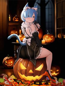 absurdres animal_ears blue_hair candle candy cat_ears chocolate chocolate_bar food gibun_(sozoshu) hair_ornament hair_over_one_eye halloween hershey&#039;s high_heels highres holding holding_chocolate holding_food m&amp;m&#039;s maid maid_headdress night pink_ribbon re:zero_kara_hajimeru_isekai_seikatsu reese&#039;s rem_(re:zero) ribbon ribbon-trimmed_clothes ribbon_trim roswaal_mansion_maid_uniform shelf short_hair tail thighs window x_hair_ornament