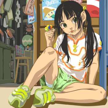 1girl bad_id bad_pixiv_id black_hair candy chupa_chups female_focus food green_eyes hair_bobbles hair_ornament legs lollipop long_legs loose_shorts motoi_hiroumi no_socks original panties polka_dot polka_dot_panties shoes shop shorts sitting solo thighs tongue twintails underwear upshorts white_panties