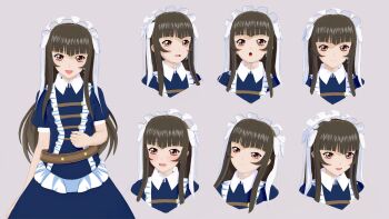 1girl 3d belt black_hair blunt_bangs reference_sheet dress fingernails flat_chest frills hairband highres ikkitousen lolita_hairband long_fingernails long_hair looking_at_viewer multiple_views orange_eyes ribbon shiny_clothes smile teeth ten'i_(ikkitousen) upper_body