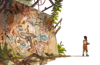 1girl abandoned absurdres aperture_science_handheld_portal_device aperture_science_weighted_companion_cube boots brown_hair character_request chell clip_studio_paint_(medium) commentary english_commentary english_text equation facing_away from_behind full_body glados highres leaf long_fall_boots long_hair looking_away najsigt object_request personality_core photoshop_(medium) plant plant_request portal portal_(series) portal_2 rubble sentry_turret_(portal) shirt sleeveless solo space_core standing wall wheatley wide_shot