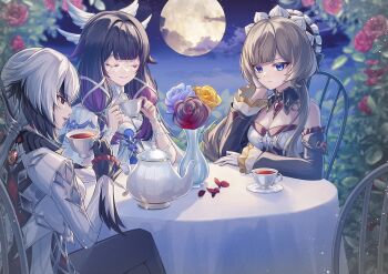 3girls absurdres arlecchino_(genshin_impact) black_hair blue_eyes blurry blurry_background breasts brown_hair chair closed_eyes closed_mouth columbina_(genshin_impact) cup detached_collar detached_sleeves dress feathered_wings full_moon genshin_impact gloves hair_ribbon hand_on_own_cheek hand_on_own_face head_wings highres holding holding_cup long_sleeves medium_breasts moon multicolored_hair multiple_girls multiple_wings night night_sky on_chair outdoors pink_hair ribbon sandrone_(genshin_impact) sidelocks sitting sky smile strapless strapless_dress tea tea_party teapot white_gloves white_hair wings yuno_kaihara