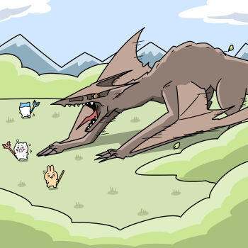 absurdres chibi chiikawa chiikawa_(character) claws cloud crossover daiei_film fangs field gamera:_guardian_of_the_universe gamera_(series) gyaos hachiware_(chiikawa) highres holding holding_staff holding_stick kaiju mountain mr.a_(oh-ronsam-me) roaring simple_background staff stick super_gyaos usagi_(chiikawa) wings worried