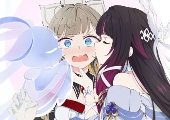 Rule 34 | 2girls, absurdres, bare shoulders, black collar, black hair, black sleeves, blue eyes, blush, bonnet, breasts, brown hair, cheek kiss, closed eyes, closed mouth, collar, columbina (genshin impact), commentary, detached collar, detached sleeves, double cheek kiss, dress, english commentary, gem, genshin impact, gloves, hair ornament, hand on another's cheek, hand on another's chin, hand on another's face, head wings, headdress, highres, kiss, kissing cheek, long hair, long sidelocks, long sleeves, luonnotar (genshin impact), multicolored hair, multiple girls, multiple wings, open mouth, purple hair, purple streaks, raito taisha, red gem, ribbon, sandrone (genshin impact), short hair with long locks, sidelocks, simple background, streaked hair, surprised, two-tone hair, white background, white dress, white gloves, white headdress, white ribbon, white wings, wing hair ornament, wings, wrist bow, wrist ribbon, yuri