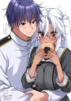 1boy 1girl absurdres admiral_(kancolle) blue_hair breasts buttons couple dark-skinned_female dark_skin double-breasted eating food grey-framed_eyewear grey_shirt highres kantai_collection mashiro_yukiya medium_breasts military_uniform musashi_(kancolle) musashi_kai_ni_(kancolle) naval_uniform red_hair senbei shirt short_hair twintails upper_body