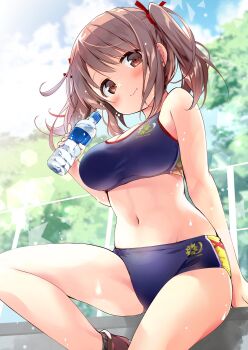 1girl blue_buruma blue_sports_bra blush bottle breasts brown_eyes brown_hair buruma cleavage commission highres knee_up large_breasts long_hair looking_at_viewer medium_breasts nagayama_yuunon original outdoors ribbon sitting skeb_commission smile solo sports_bikini sports_bra thighs track_uniform twintails water_bottle