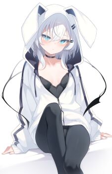 1girl animal_hood black_pantyhose blue_eyes breasts choker commentary_request hair_ornament highres hood looking_at_viewer original otokuyou paid_reward_available pantyhose ringo-chan_(otokuyou) sitting small_breasts solo white_hair