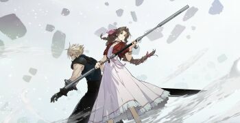 Rule 34 | 1boy, 1girl, aerith gainsborough, armor, back-to-back, blonde hair, brown hair, closed mouth, cloud strife, commentary request, cropped jacket, dress, final fantasy, final fantasy vii, final fantasy vii rebirth, final fantasy vii remake, hair ribbon, highres, holding, holding staff, jacket, kieta, long hair, pauldrons, pink ribbon, red jacket, ribbon, short hair, shoulder armor, single pauldron, smile, staff, white dress