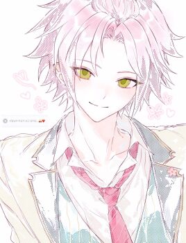 Rule 34 | 1boy, bangs pinned back, brown jacket, closed mouth, commentary, ensemble stars!, green eyes, highres, isara mao, jacket, looking at viewer, male focus, necktie, official alternate costume, open clothes, open jacket, red hair, red necktie, seemillar, short hair, simple background, smile, solo, spin-spin (site), upper body, white background