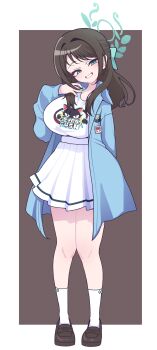 1girl absurdres airi_(band)_(blue_archive) airi_(blue_archive) alternate_breast_size_(larger) badge band_shirt black_hair blue_archive blue_eyes blue_halo blue_jacket bow bow_on_socks breasts button_badge fingernails hair_bow halo highres jacket large_breasts long_fingernails long_hair looking_at_viewer merchandise open_clothes open_jacket panatisia shirt simple_background skirt smile socks white_shirt white_skirt white_socks