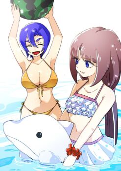 2girls after_war_gundam_x blue_eyes breasts brown_hair cleavage closed_mouth commentary_request gundam hcsb large_breasts long_hair multiple_girls navel open_mouth pala_sys ponytail short_hair smile swimsuit tiffa_adill very_long_hair water