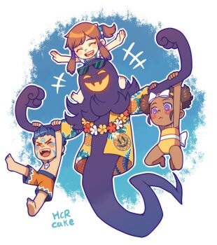 +++ 2boys 2girls :&lt; a_hat_in_time alternate_costume artist_name back_bow barefoot black_hair blush bow bow_kid brown_hair carrying chibi child chinese_commentary closed_eyes closed_mouth commentary_request dark-skinned_female dark_skin eyewear_on_head facial_mark fangs fewer_digits flexing flower flower_necklace ghost ghost_tail grin h_ikenuma hair_tie hanging_on_arm hat_kid hawaiian_shirt highres holding_another&#039;s_arm jewelry long_hair male_swimwear multiple_boys multiple_girls necklace one-piece_swimsuit open_mouth orange_male_swimwear outline outstretched_arms piggyback ponytail purple_eyes shirt short_hair short_sleeves sidelocks skin_fangs skull_necklace smile snatcher_(a_hat_in_time) spiral spread_arms sunglasses swim_trunks swimsuit teeth timmy_(a_hat_in_time) toes upper_teeth_only white_bow white_outline yellow_one-piece_swimsuit yellow_shirt