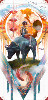 1girl absurdres artist_name bead_bracelet beads bird black_hair blue_overalls blue_sky bracelet breasts brown_bag brown_sandals buffalo commentary crossed_legs english_commentary fish from_side full_body goldfish grass hand_up hat headphones highres holding holding_unworn_clothes holding_unworn_hat jewelry lantern original overalls paper_lantern paul_nong sandals short_hair signature sitting_on_animal sky small_breasts socks solo straw_hat too_many too_many_birds unworn_hat unworn_headwear watermark white_socks