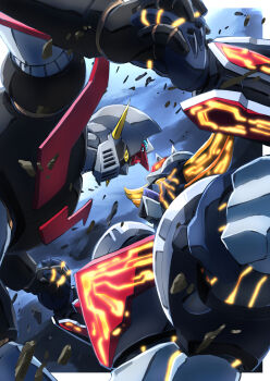 fighting glowing glowing_eyes grendizer grendizer_(grendizer_u) grendizer_u highres horns huge_horns mazinger_(series) mazinger_x mazinger_z_(mecha) mecha mecha_focus no_humans pilder robot science_fiction super_robot taiga_hiroyuki ufo_robo_grendizer yellow_eyes