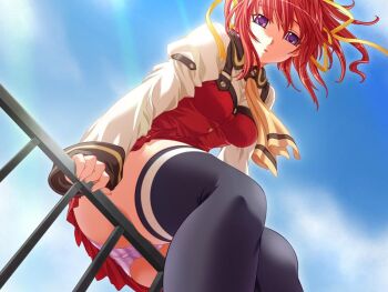 Rule 34 | 1girl, ayatsuri burumaa, black thighhighs, blouse, dress shirt, female focus, from below, game cg, hair ribbon, miniskirt, on railing, panties, pantyshot, pleated skirt, purple eyes, purple panties, railing, red hair, ribbon, rooftop, school uniform, serafuku, shirt, sitting, skirt, sky, solo, striped clothes, striped panties, thighhighs, tsutsui sayaka, underwear, upskirt, yoshii dan