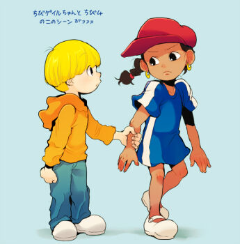 1boy 1girl black_hair blonde_hair blue_background bowl_cut braid child clenched_hand codename:_kids_next_door commentary_request dark_skin duplicate earrings eye_contact frown grabbing_another&#039;s_arm hat hood hoodie jewelry looking_at_another numbuh_4 numbuh_5 standing t_k_g translation_request