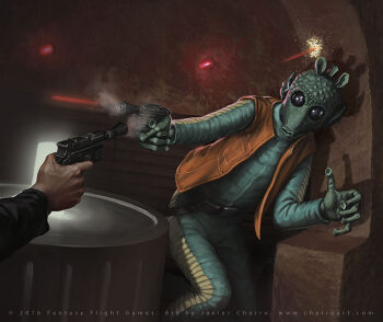 2boys alien aqua_bodysuit artist_name belt black_belt bodysuit colored_skin greedo green_skin gun handgun holding holding_gun holding_weapon javier_charro laser male_focus multiple_boys open_clothes open_vest orange_vest rodian star_wars star_wars:_a_new_hope vest watermark weapon web_address