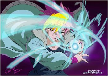 1boy black_shirt blonde_hair border copyright_name digimon digimon_beatbreak highres jacket male_focus open_clothes open_jacket purple_background purple_eyes purple_hair round_eyewear sapotama shirt signature simple_background solo tenma_tomoro upper_body white_border white_jacket zijing_zhuge