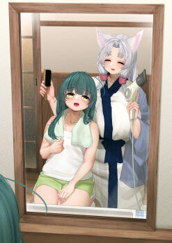 2girls :3 animal_ears bad_id bad_pixiv_id bathroom behind_another blush breasts dolphin_shorts fox_ears fox_girl green_hair green_shorts hair_brush hair_dryer hand_on_lap highres holding holding_hair_brush holding_hair_dryer indoors japanese_clothes kimono large_breasts long_hair long_sleeves looking_at_another looking_back mirror multiple_girls ne_an_ito open_mouth ponytail reflection short_shorts shorts siblings sisters sitting smile tank_top touhoku_itako touhoku_zunko towel towel_around_neck voiceroid white_hair white_kimono white_tank_top yellow_eyes