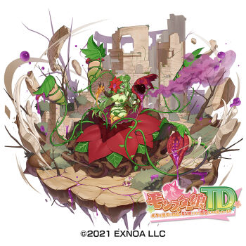 Rule 34 | 1girl, alraune, black gloves, breasts, colored skin, elbow gloves, flower, full body, gloves, green hair, green skin, instrument, keureu (tiqkdtiqkd10), large breasts, leaf, long hair, lyre, monster girl, monster musume td, official art, pink eyes, plant, plant girl, red flower, single elbow glove, skull, solo, ulnella (monmusu td), vines