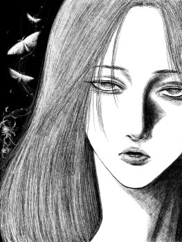 1girl black_background black_hair bug butterfly greyscale highres insect long_hair looking_at_viewer monochrome original portrait solo straight-on tp_p_pt