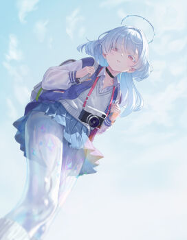 1girl absurdres black_choker blue_skirt camera camera_around_neck choker colored_eyelashes commentary ddcc0123 from_below grey_hair grey_vest hair_intakes halo highres jacket letterman_jacket long_hair long_sleeves looking_at_viewer mornye_(wuthering_waves) official_alternate_costume parted_lips red_eyes see-through_body skirt solo vest wuthering_waves