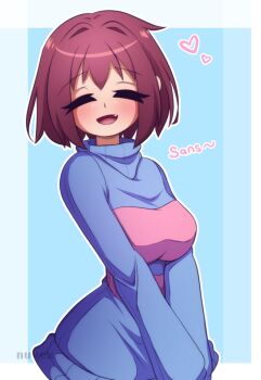 1girl aged_up blue_background blue_sweater blush breasts closed_eyes double-parted_bangs fang frisk_(undertale) hair_intakes heart large_breasts multicolored_sweater nuvex open_mouth red_hair short_hair signature striped_clothes sweater thick_eyelashes tongue turtleneck turtleneck_sweater undertale utdr_(toby_fox)