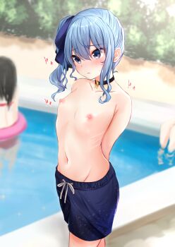 1other 2girls arms_behind_back bikini blue_eyes blue_hair blue_male_swimwear blue_swim_trunks blurry blurry_background blush bush choker collarbone cowboy_shot crossdressing curly_hair day dot_nose drawstring embarrassed ex_idol exhibitionism flat_chest groin hair_between_eyes hair_ribbon hat highres hololive hoshimachi_suisei innertube looking_at_viewer male_swimwear male_swimwear_challenge medium_hair multiple_girls navel nipples pool public_indecency red_bikini reflection ribbon ribs side_ponytail solo_focus sound_effects sparkle sweatdrop swim_ring swim_trunks swimsuit topless_female virtual_youtuber wading walking water