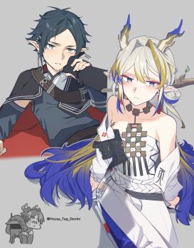 Rule 34 | 1boy, 1girl, 1other, ambiguous gender, arknights, bare shoulders, black cape, black hair, blonde hair, blue hair, cape, commentary request, doctor (arknights), dragon girl, dragon horns, eyeliner, grey background, grey eyes, grey hair, hand on another's face, highres, horns, house tag denim, jacket, jewelry, korean commentary, long hair, makeup, multicolored hair, multiple boys, pants, parted lips, pointy ears, red eyeliner, red pupils, shirt, shu (arknights), simple background, sitting, strapless, strapless shirt, white jacket, white pants, zuo le (arknights)