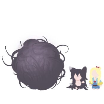 Rule 34 | 2girls, animal ear fluff, animal ears, artist name, black hair, cat ears, cat girl, chibi, commentary, dungeon meshi, english commentary, hairball, highres, izutsumi, kimchunsik, long hair, marcille donato, multiple girls, simple background, solo, white background