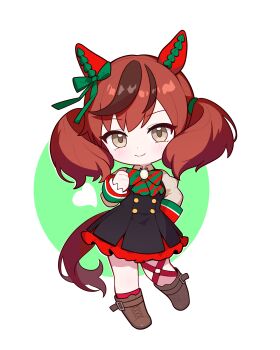 1girl absurdres animal_ears blush boots brown_boots brown_hair chibi chibi_only closed_mouth full_body highres horse_ears horse_girl horse_tail jorang_(jorang08) long_sleeves looking_at_viewer multicolored_hair nice_nature_(poinsettia_ribbon)_(umamusume) nice_nature_(umamusume) short_hair short_twintails smile solo tail twintails umamusume