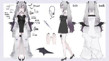 1girl absurdres bandaged_leg bandages bat_hair_ornament bat_wings black_camisole black_nails black_shoes bow camisole coat coat_partially_removed from_behind from_side grey_hair hair_bow hair_ornament heterochromia highres indie_virtual_youtuber long_hair looking_at_viewer low_wings mashiro_emu moruhi multicolored_hair nail_polish official_art reference_sheet second-party_source shoes sleeves_past_fingers sleeves_past_wrists solo stethoscope straight-on streaked_hair syringe thigh_strap twintails very_long_hair white_coat wings