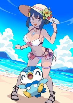 1girl absurdres alternate_costume alternate_hairstyle beach beak bikini black_choker blue_hair blue_sky bracelet breasts choker cleavage cloud dawn_(pokemon) day flower gen_4_pokemon grey_eyes hat hat_flower hibiscus highres jewelry large_breasts looking_at_viewer makademia navel nintendo open_mouth outdoors pendant_choker piplup pokemon pokemon_(creature) pokemon_dppt red_flower sand sandals side-tie_bikini_bottom sidelocks sky sun_hat swimsuit thigh_strap toes updo water white_bikini white_hat yellow_flower