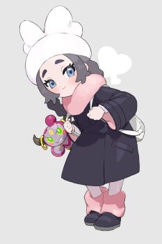 1girl :&gt; ansha_(pokemon) backpack bag beret black_coat black_shoes blue_eyes braid braided_hair_rings closed_mouth coat commentary_request full_body gen_6_pokemon grey_background grey_hair hair_rings hat highres holding_strap hoopa hoopa_(confined) leg_warmers legendary_pokemon long_hair long_sleeves looking_at_viewer moudoku_(decopon3rd) mythical_pokemon nintendo pantyhose parted_bangs pink_leg_warmers pink_scarf pokemon pokemon_(creature) pokemon_legends:_z-a scarf shoes smile standing white_bag white_hat white_pantyhose wide_sleeves