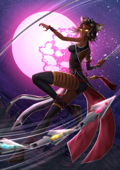 1girl adsouto animal_ear_fluff animal_ears artist_name asymmetrical_clothes bike_shorts black_hair black_thighhighs breasts broken_moon chain chain_whip chainsword claws commentary dark-skinned_female dark_skin detached_sleeves earrings english_commentary fangs female_focus forehead_jewel forest glowing glowing_eyes highres hoop_earrings impossible_clothes jewelry looking_at_viewer medium_breasts moon motion_blur motion_lines nature night open_mouth pelvic_curtain platform_footwear profile rwby short_hair sienna_khan single_detached_sleeve sky solo star_(sky) starry_sky thighhighs tiger_ears tiger_stripes weapon whip_sword yellow_eyes