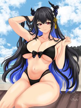 1girl absurdres arm_behind_head asymmetrical_horns bare_shoulders beach bikini black_bikini black_hair black_horns blue_hair breasts commentary english_commentary front-tie_bikini_top front-tie_top highres hololive hololive_english horns large_breasts mole mole_under_eye multicolored_hair nerissa_ravencroft ocean purple_eyes sand sitting solo swimsuit two-tone_hair uneven_horns valneeko virtual_youtuber water